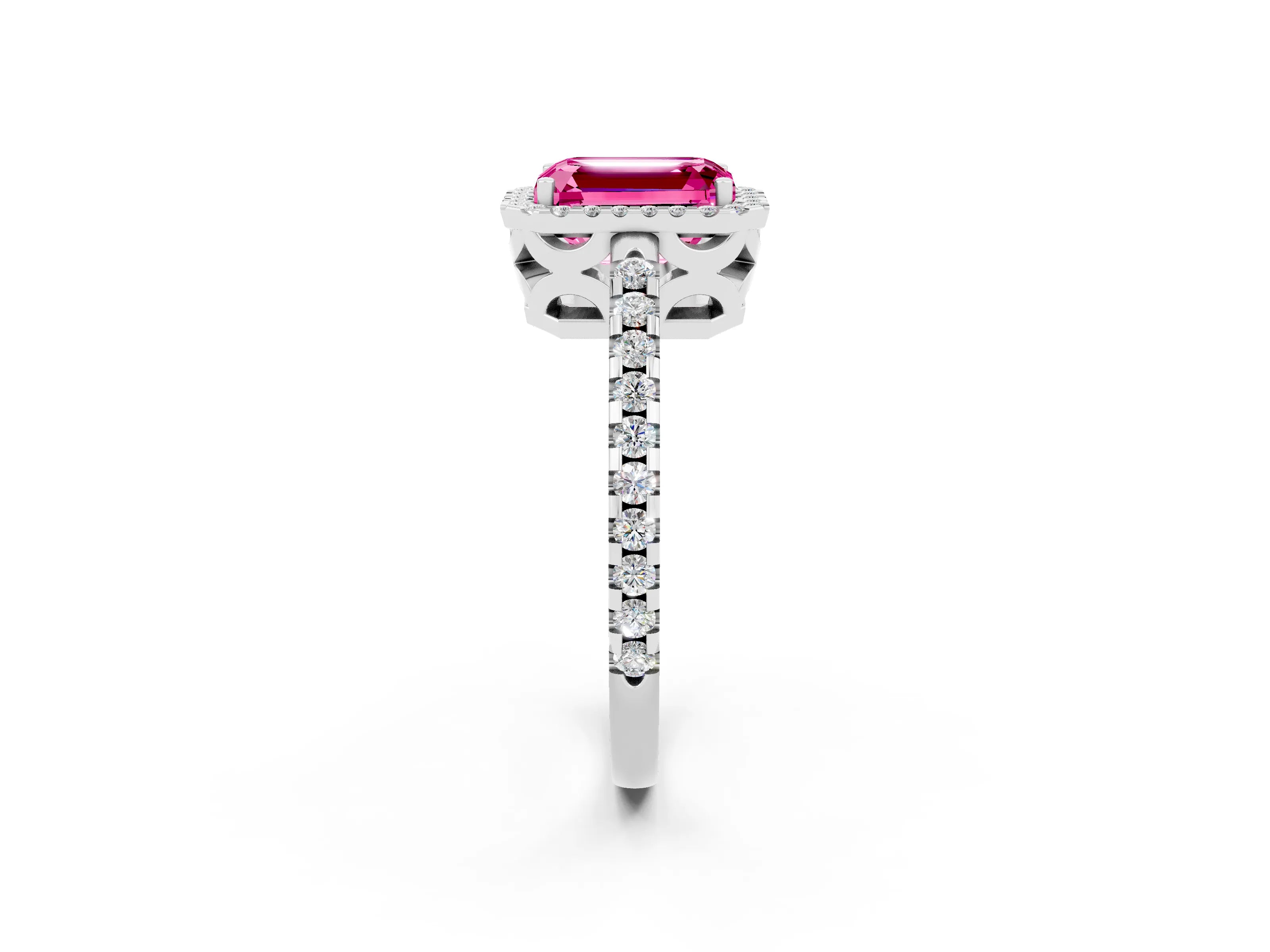 White gold Emerald Cut Pink Sapphire Halo Engagement Ring with Pavé Band and Prong Setting_14