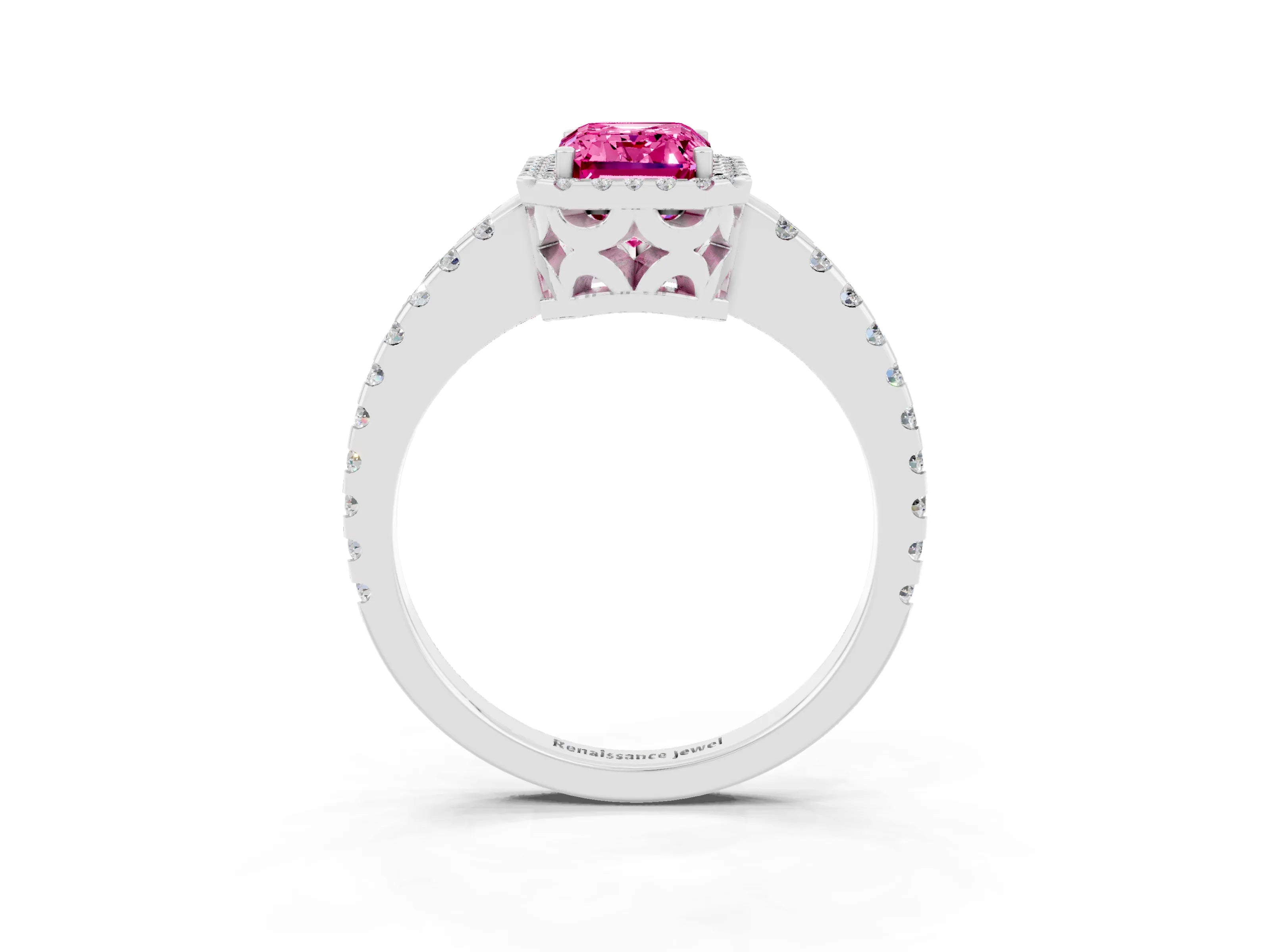 White gold Emerald Cut Pink Sapphire Halo Engagement Ring with Pavé Band and Prong Setting_15