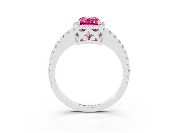 White gold Emerald Cut Pink Sapphire Halo Engagement Ring with Pavé Band and Prong Setting