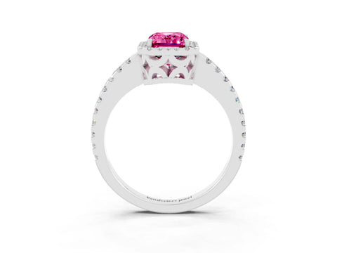 White gold Emerald Cut Pink Sapphire Halo Engagement Ring with Pavé Band and Prong Setting_15