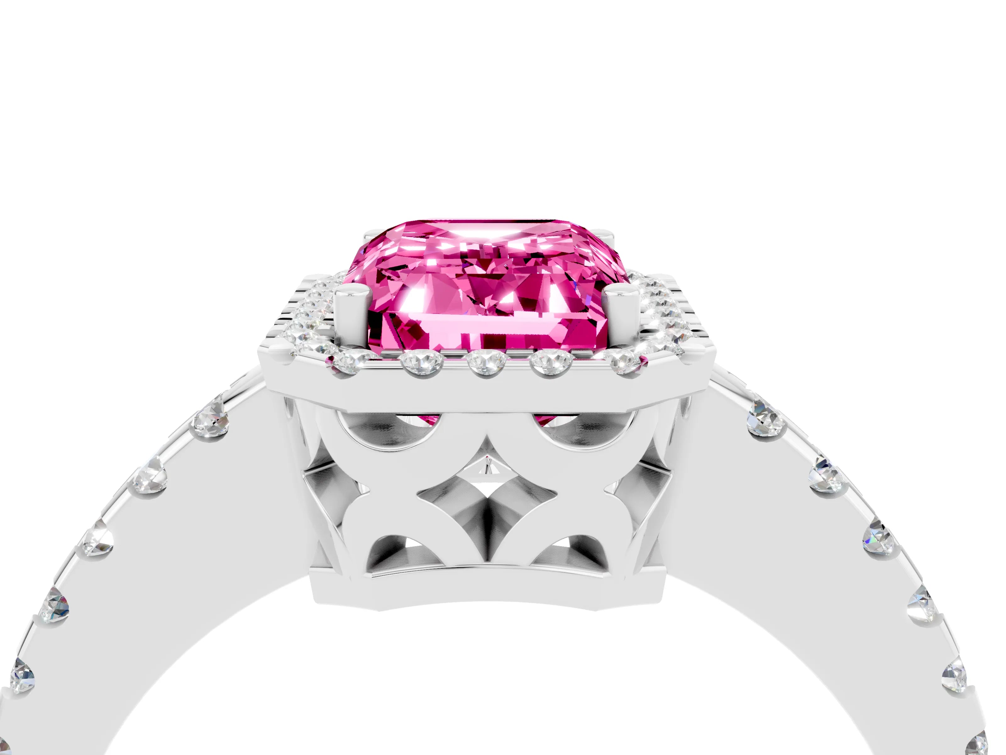 White gold Emerald Cut Pink Sapphire Halo Engagement Ring with Pavé Band and Prong Setting_16