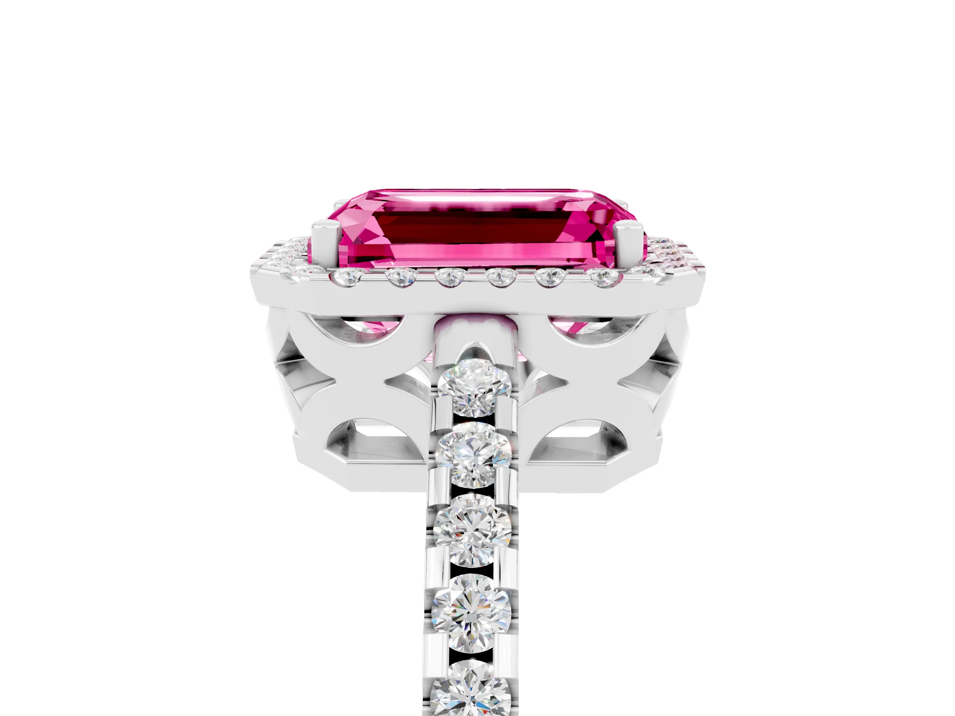 White gold Emerald Cut Pink Sapphire Halo Engagement Ring with Pavé Band and Prong Setting_17