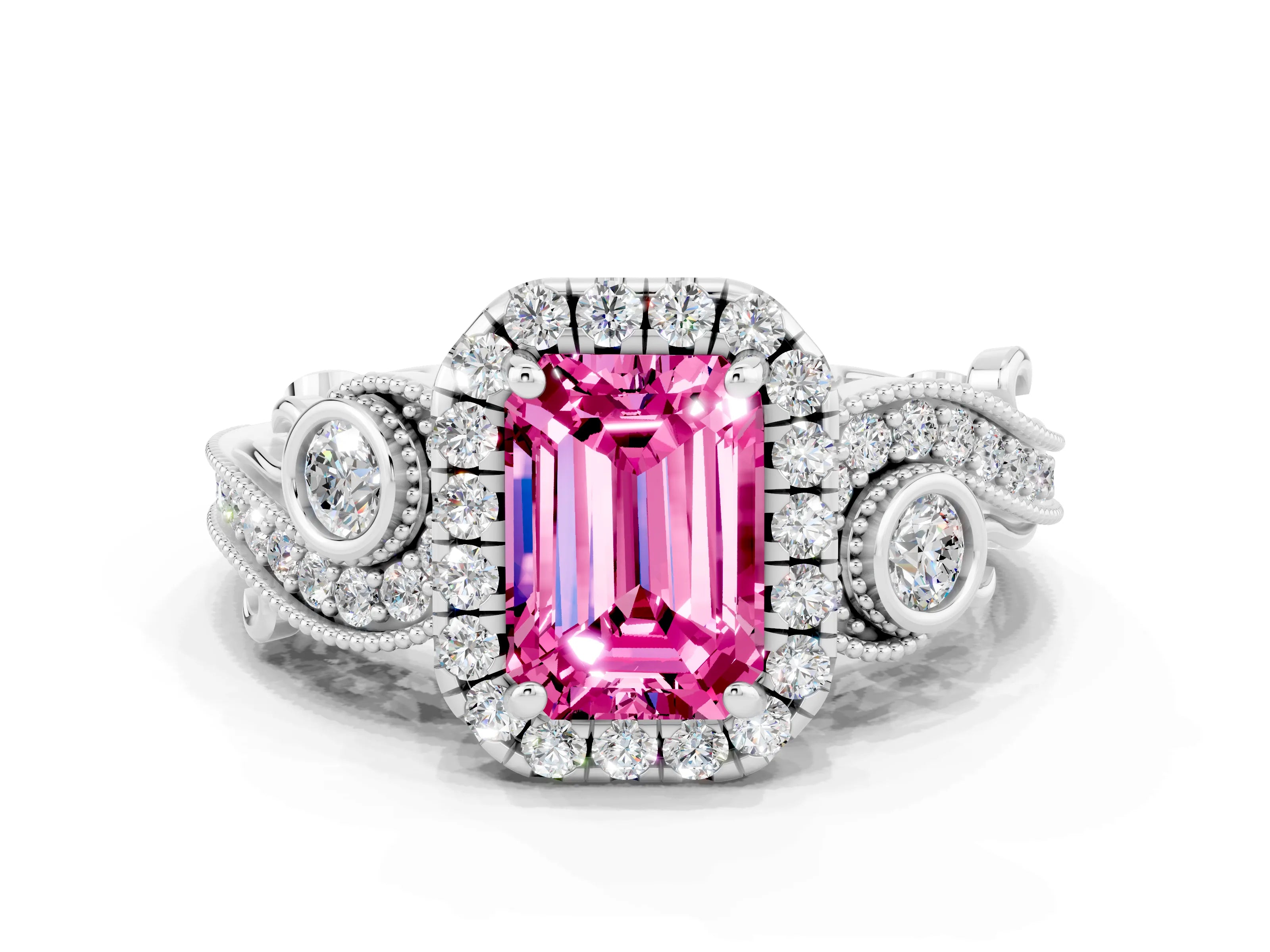 White gold Emerald Cut Pink Sapphire Halo Ring with Milgrain Pavé Band and Four-Prong Setting_12