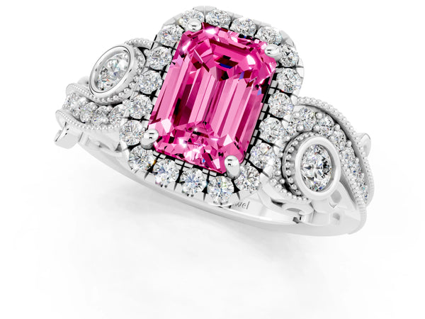 White gold Emerald Cut Pink Sapphire Halo Ring with Milgrain Pavé Band and Four-Prong Setting