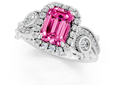 White gold Emerald Cut Pink Sapphire Halo Ring with Milgrain Pavé Band and Four-Prong Setting_13