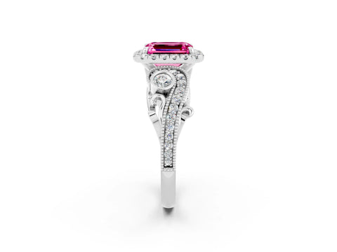 White gold Emerald Cut Pink Sapphire Halo Ring with Milgrain Pavé Band and Four-Prong Setting_14