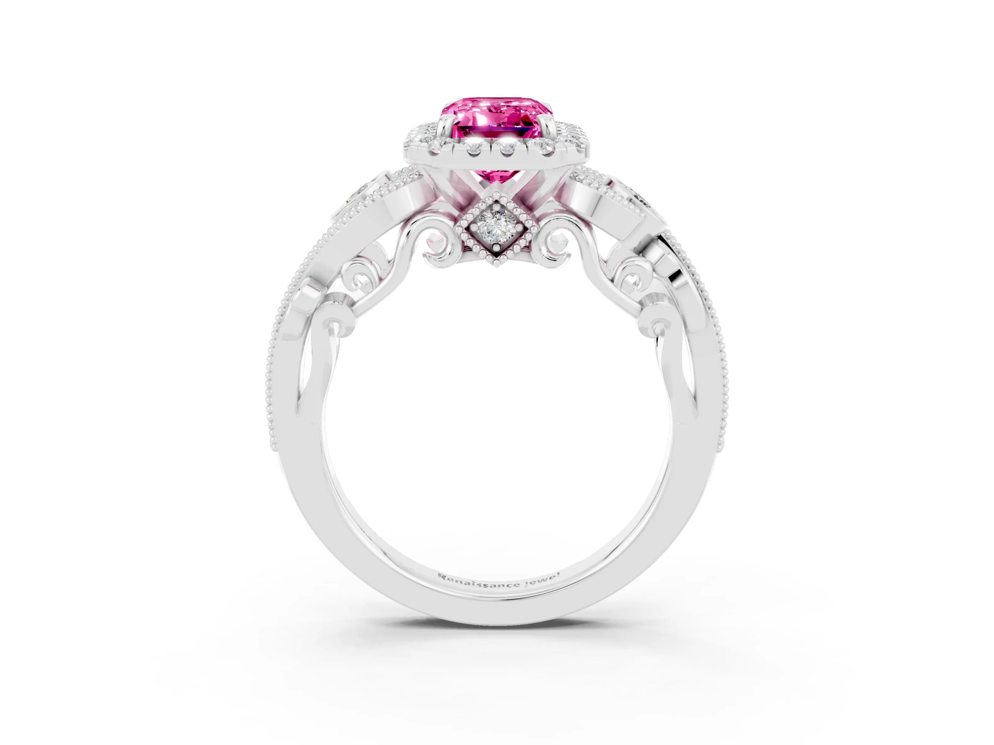 White gold Emerald Cut Pink Sapphire Halo Ring with Milgrain Pavé Band and Four-Prong Setting_15