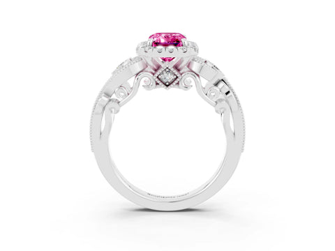 White gold Emerald Cut Pink Sapphire Halo Ring with Milgrain Pavé Band and Four-Prong Setting_15