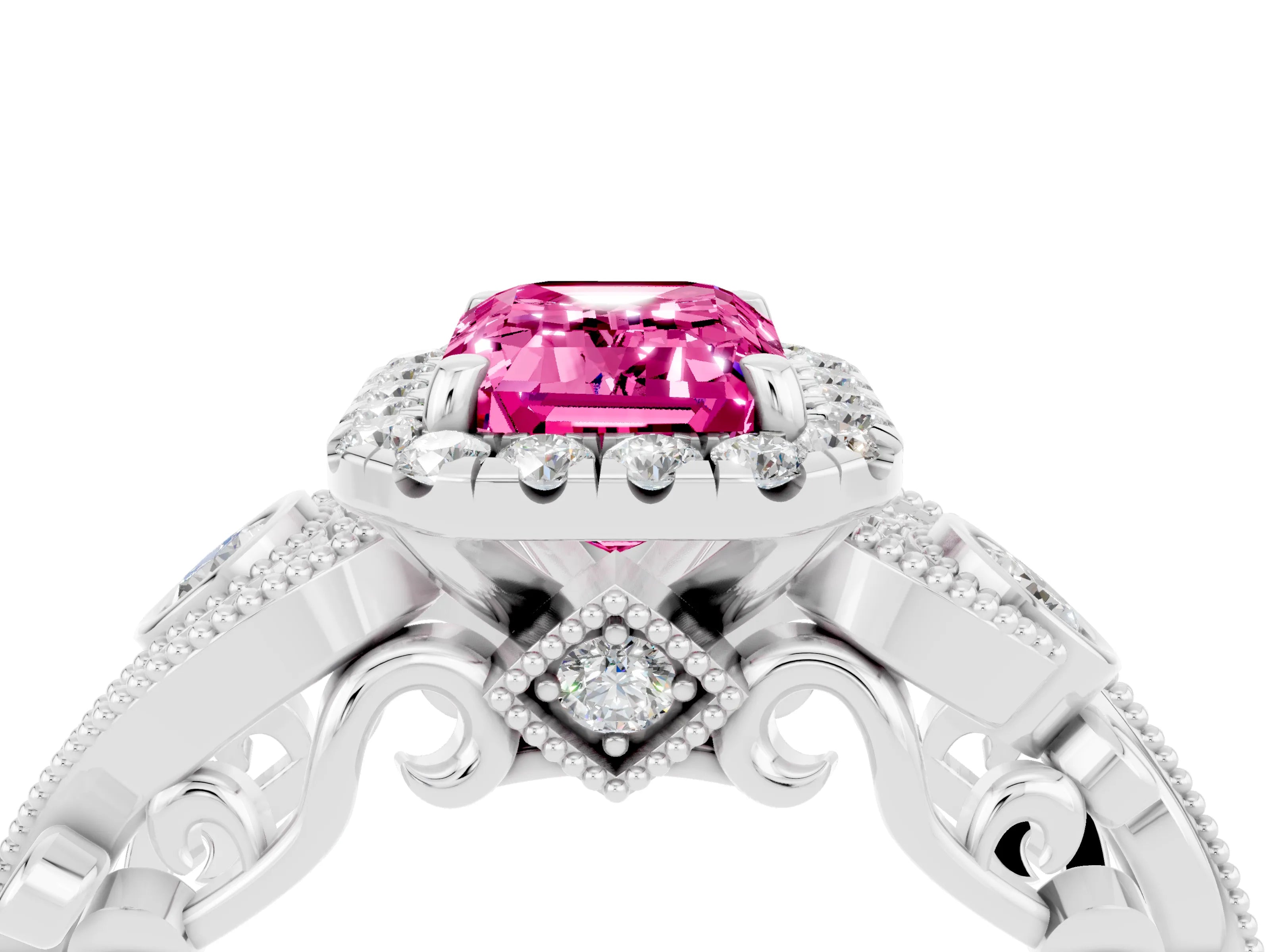 White gold Emerald Cut Pink Sapphire Halo Ring with Milgrain Pavé Band and Four-Prong Setting_16