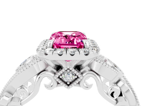 White gold Emerald Cut Pink Sapphire Halo Ring with Milgrain Pavé Band and Four-Prong Setting_16