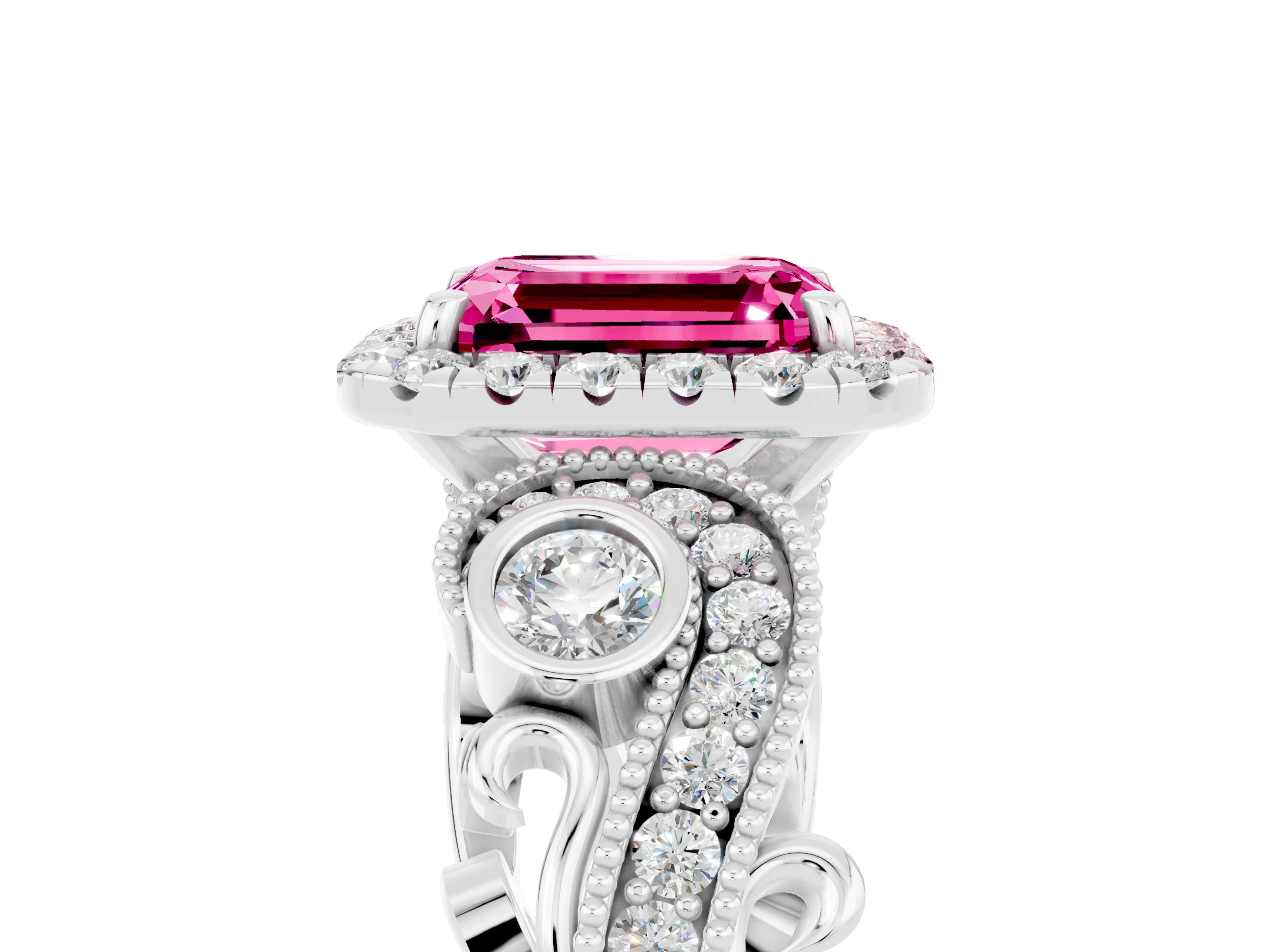 White gold Emerald Cut Pink Sapphire Halo Ring with Milgrain Pavé Band and Four-Prong Setting_17
