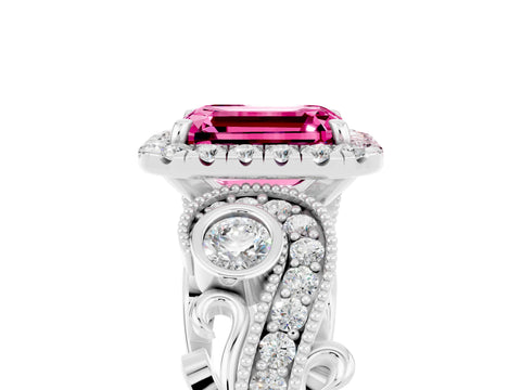 White gold Emerald Cut Pink Sapphire Halo Ring with Milgrain Pavé Band and Four-Prong Setting_17
