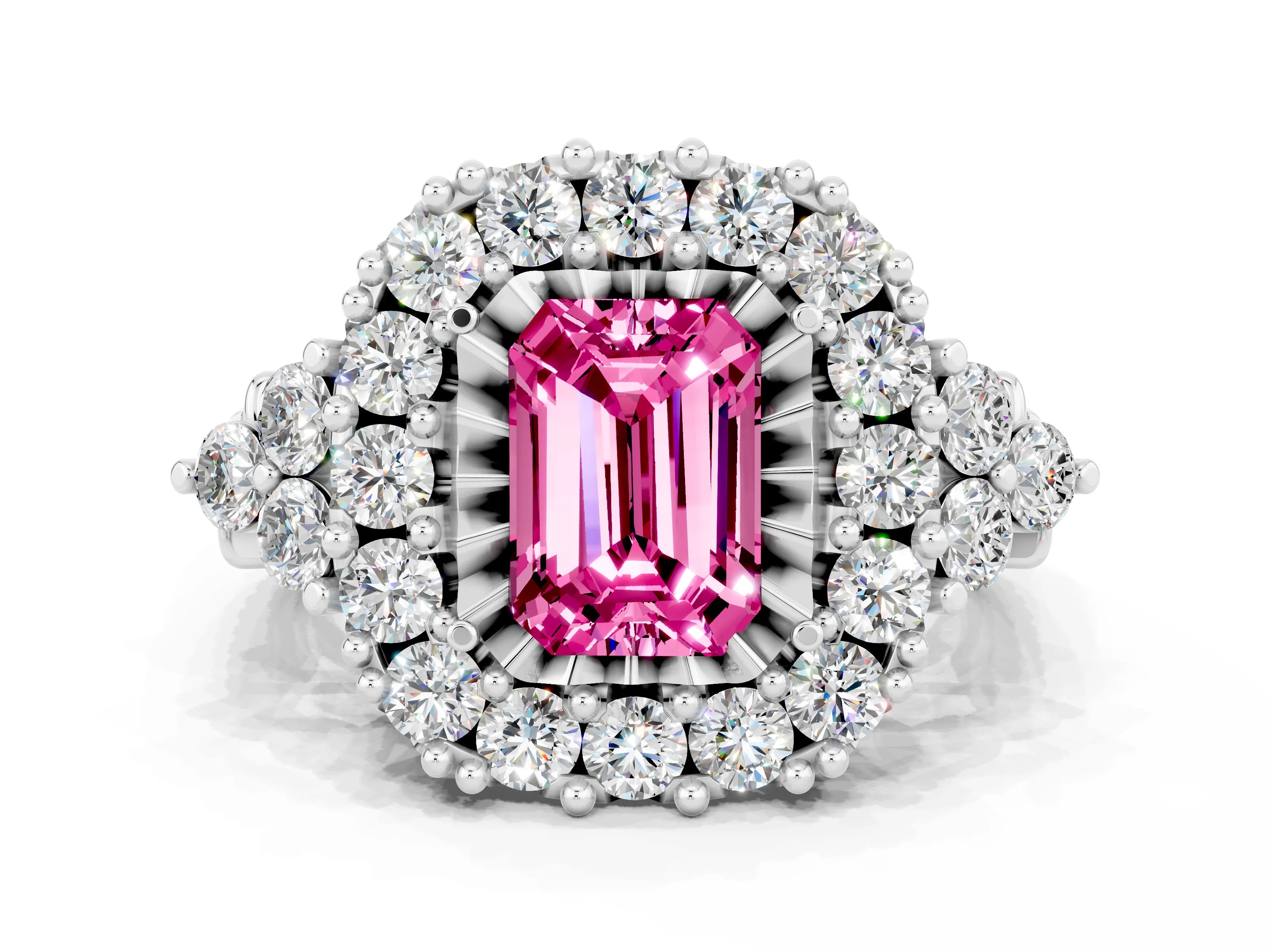 White gold Emerald Cut Pink Sapphire Halo Ring with Pavé Band and Four-Prong Setting_12