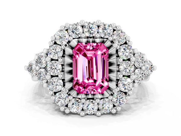 White gold Emerald Cut Pink Sapphire Halo Ring with Pavé Band and Four-Prong Setting