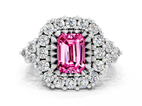 White gold Emerald Cut Pink Sapphire Halo Ring with Pavé Band and Four-Prong Setting_12