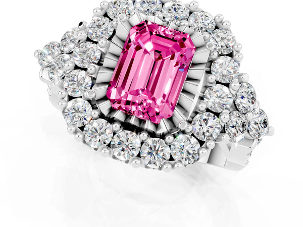 Platinum Emerald Cut Pink Sapphire Halo Ring with Pavé Band and Four-Prong Setting