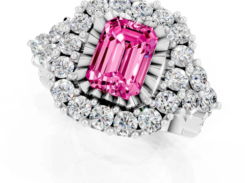 White gold Emerald Cut Pink Sapphire Halo Ring with Pavé Band and Four-Prong Setting_13
