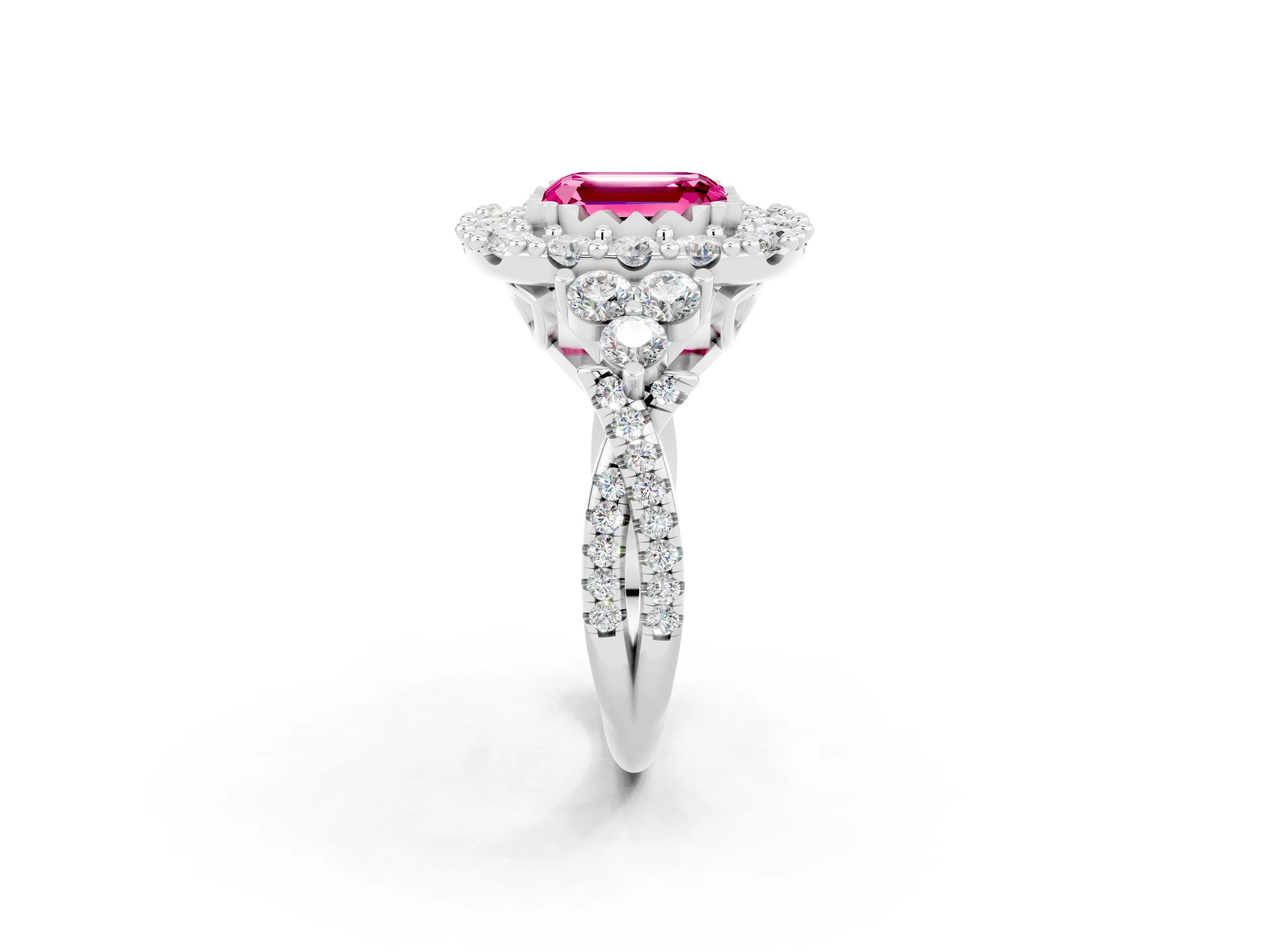 White gold Emerald Cut Pink Sapphire Halo Ring with Pavé Band and Four-Prong Setting_14