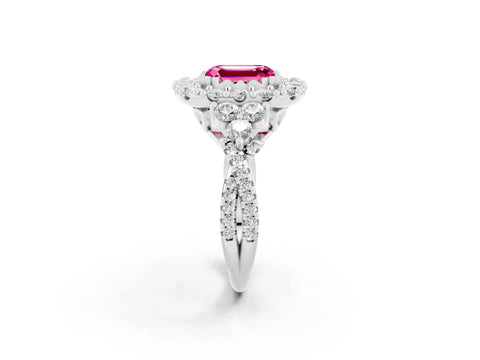 White gold Emerald Cut Pink Sapphire Halo Ring with Pavé Band and Four-Prong Setting_14