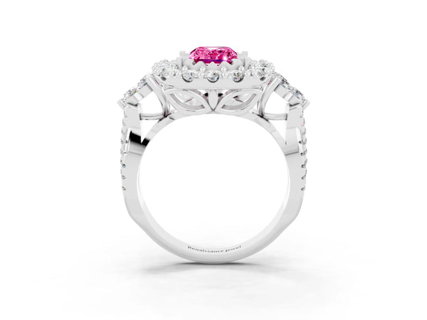 Silver Emerald Cut Pink Sapphire Halo Ring with Pavé Band and Four-Prong Setting
