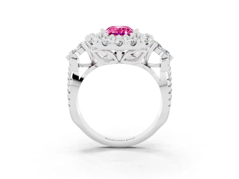 White gold Emerald Cut Pink Sapphire Halo Ring with Pavé Band and Four-Prong Setting_15