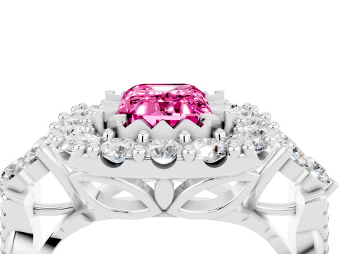 White gold Emerald Cut Pink Sapphire Halo Ring with Pavé Band and Four-Prong Setting_16