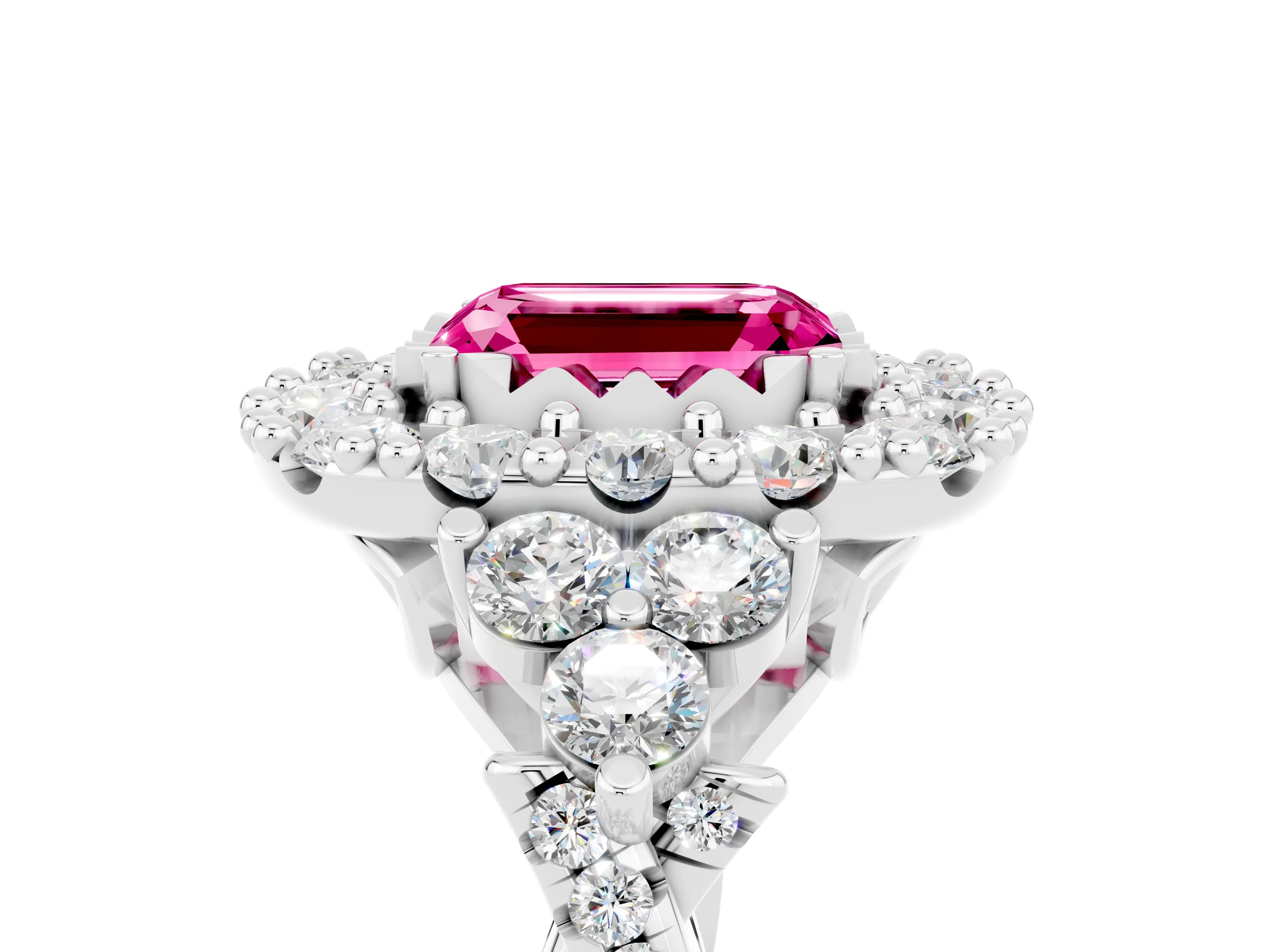 White gold Emerald Cut Pink Sapphire Halo Ring with Pavé Band and Four-Prong Setting_17