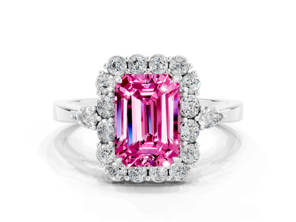 White gold Emerald Cut Pink Sapphire Halo Ring with Pear Side Stones and Prong Setting
