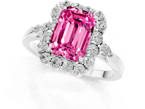 White gold Emerald Cut Pink Sapphire Halo Ring with Pear Side Stones and Prong Setting_25