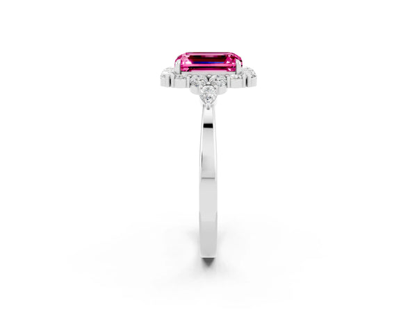 Platinum Emerald Cut Pink Sapphire Halo Ring with Pear Side Stones and Prong Setting