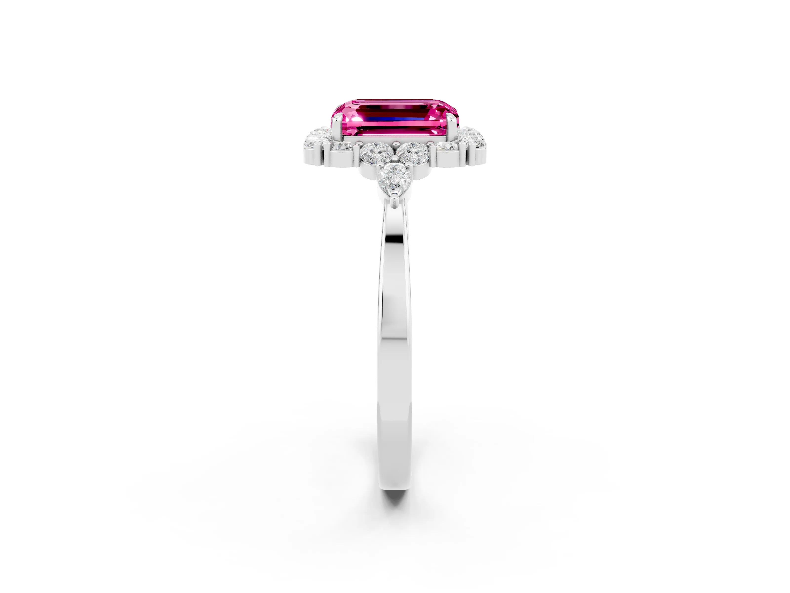 White gold Emerald Cut Pink Sapphire Halo Ring with Pear Side Stones and Prong Setting_26