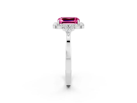 White gold Emerald Cut Pink Sapphire Halo Ring with Pear Side Stones and Prong Setting_26