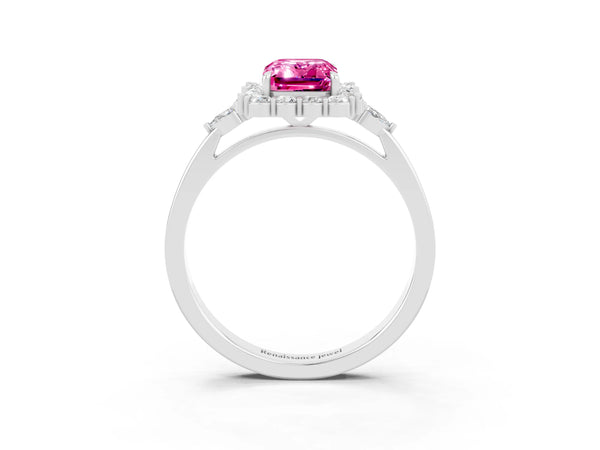 Platinum Emerald Cut Pink Sapphire Halo Ring with Pear Side Stones and Prong Setting