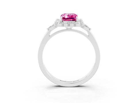 White gold Emerald Cut Pink Sapphire Halo Ring with Pear Side Stones and Prong Setting_27