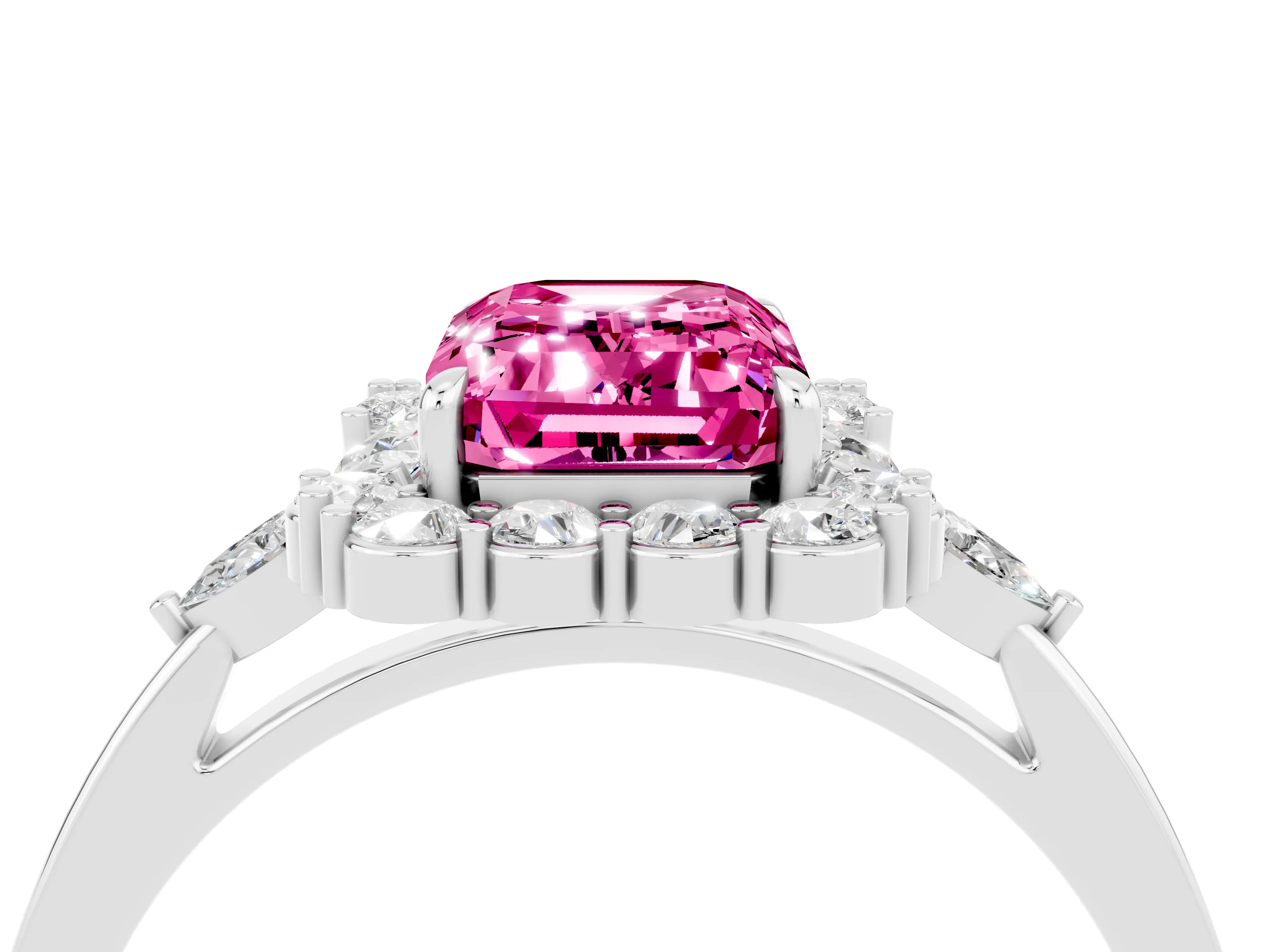White gold Emerald Cut Pink Sapphire Halo Ring with Pear Side Stones and Prong Setting_28