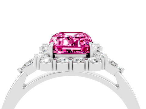 White gold Emerald Cut Pink Sapphire Halo Ring with Pear Side Stones and Prong Setting_28