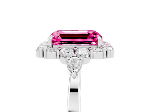 White gold Emerald Cut Pink Sapphire Halo Ring with Pear Side Stones and Prong Setting_29