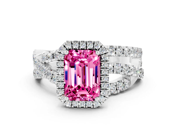 Platinum Emerald Cut Pink Sapphire Halo Ring with Round Split Shank and Prong Setting