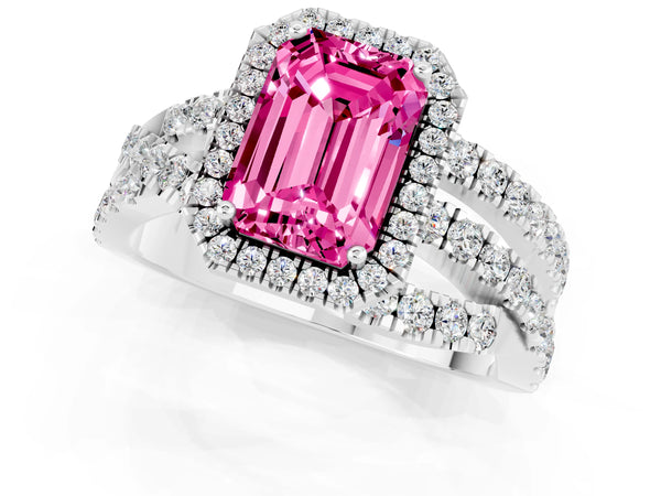 Platinum Emerald Cut Pink Sapphire Halo Ring with Round Split Shank and Prong Setting