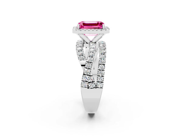 Platinum Emerald Cut Pink Sapphire Halo Ring with Round Split Shank and Prong Setting