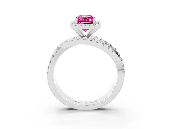 Platinum Emerald Cut Pink Sapphire Halo Ring with Round Split Shank and Prong Setting