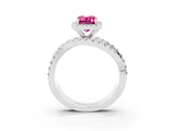 White gold Emerald Cut Pink Sapphire Halo Ring with Round Split Shank and Prong Setting_63