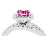 White gold Emerald Cut Pink Sapphire Halo Ring with Round Split Shank and Prong Setting_64