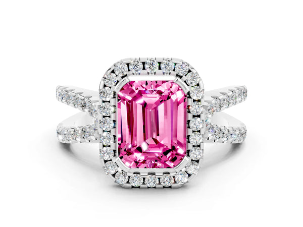 Platinum Emerald Cut Pink Sapphire Halo Ring with Split Shank Pavé Band and Prong Setting