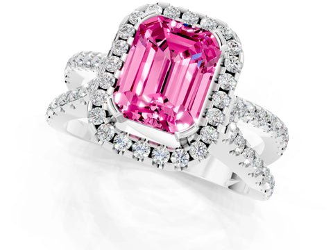 White gold Emerald Cut Pink Sapphire Halo Ring with Split Shank Pavé Band and Prong Setting_13