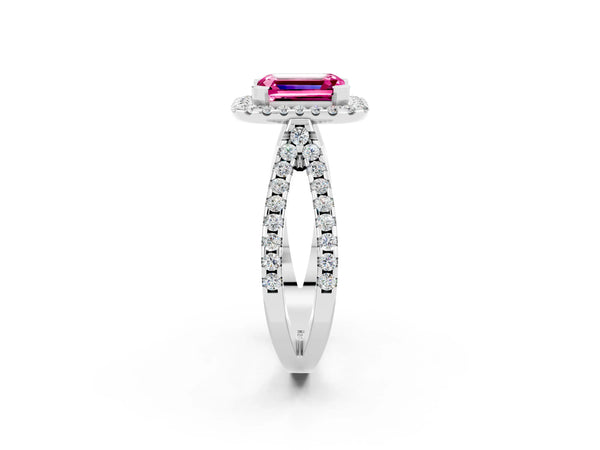 Silver Emerald Cut Pink Sapphire Halo Ring with Split Shank Pavé Band and Prong Setting