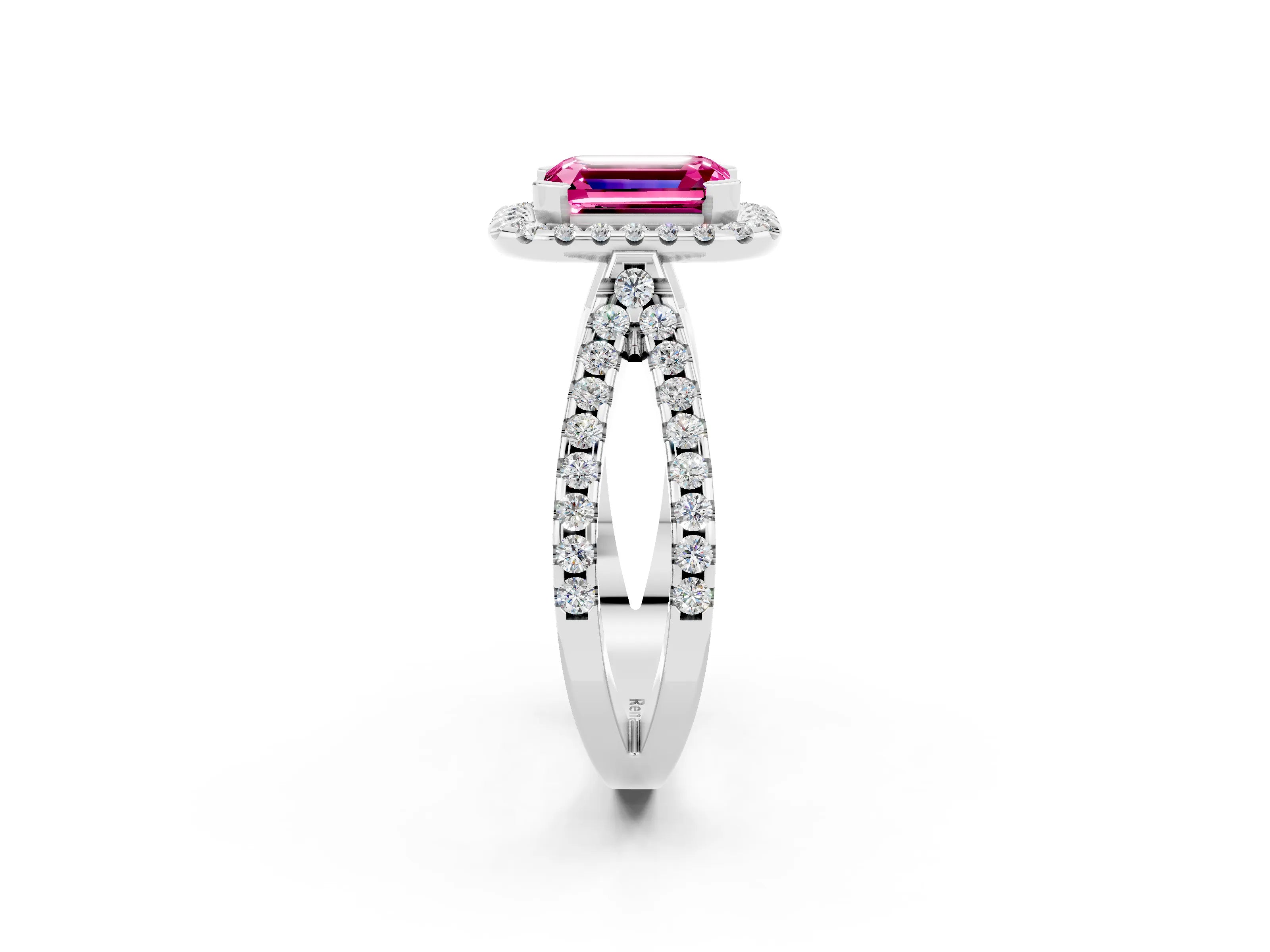 White gold Emerald Cut Pink Sapphire Halo Ring with Split Shank Pavé Band and Prong Setting_14