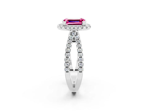 White gold Emerald Cut Pink Sapphire Halo Ring with Split Shank Pavé Band and Prong Setting_14