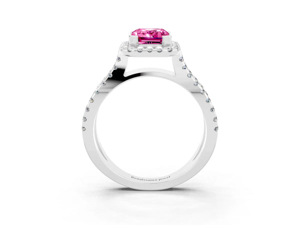 Silver Emerald Cut Pink Sapphire Halo Ring with Split Shank Pavé Band and Prong Setting