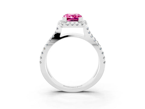 White gold Emerald Cut Pink Sapphire Halo Ring with Split Shank Pavé Band and Prong Setting_15